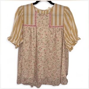 Entro Beige and Pink Floral Striped Blouse